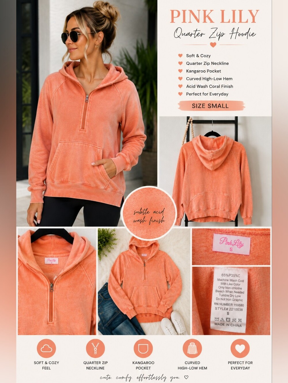Pink Lily Acid Wash Orange/Coral Quarter Zip Hoodie Size Small